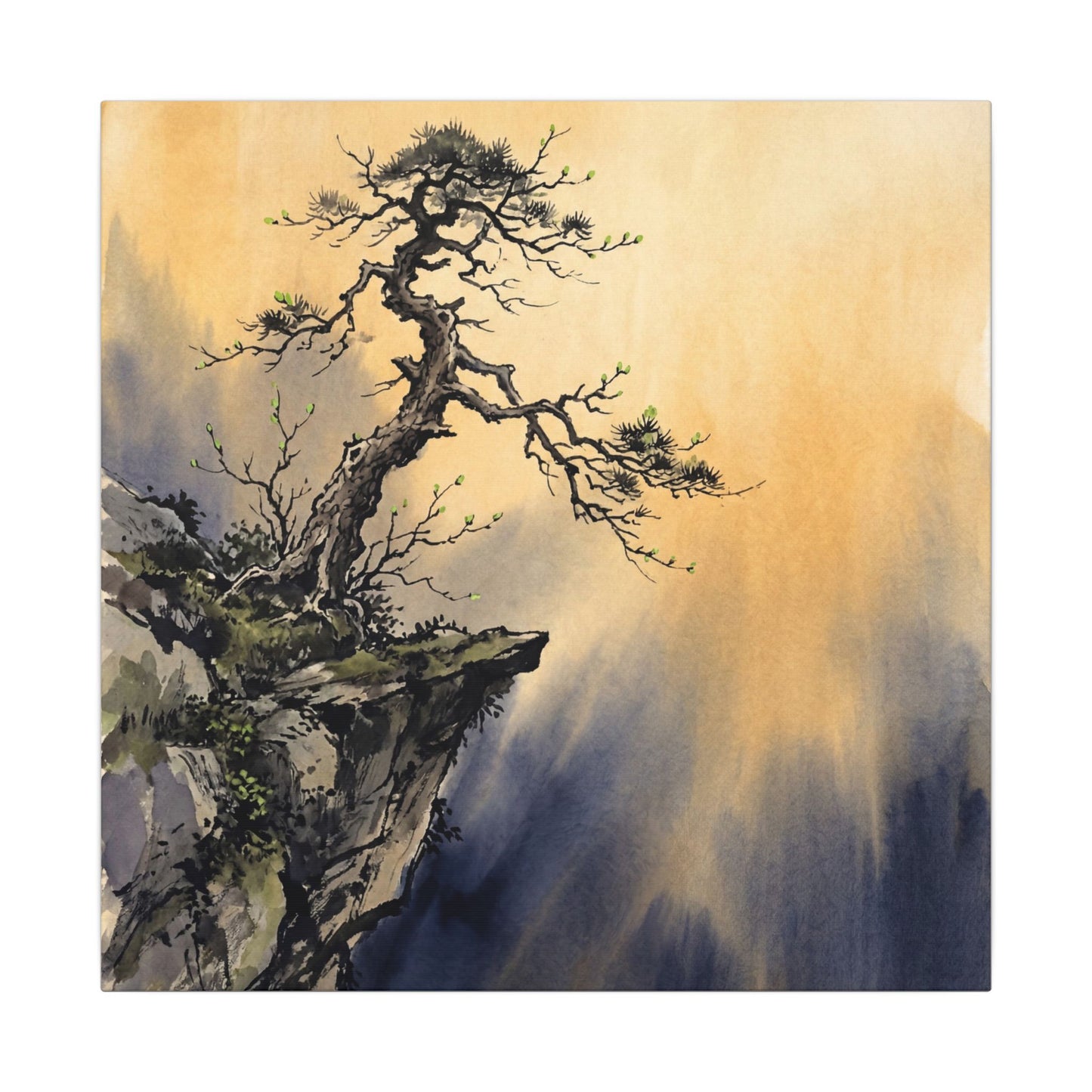 Zen Pine Tree in Golden Hour | Sumi E Canvas Art