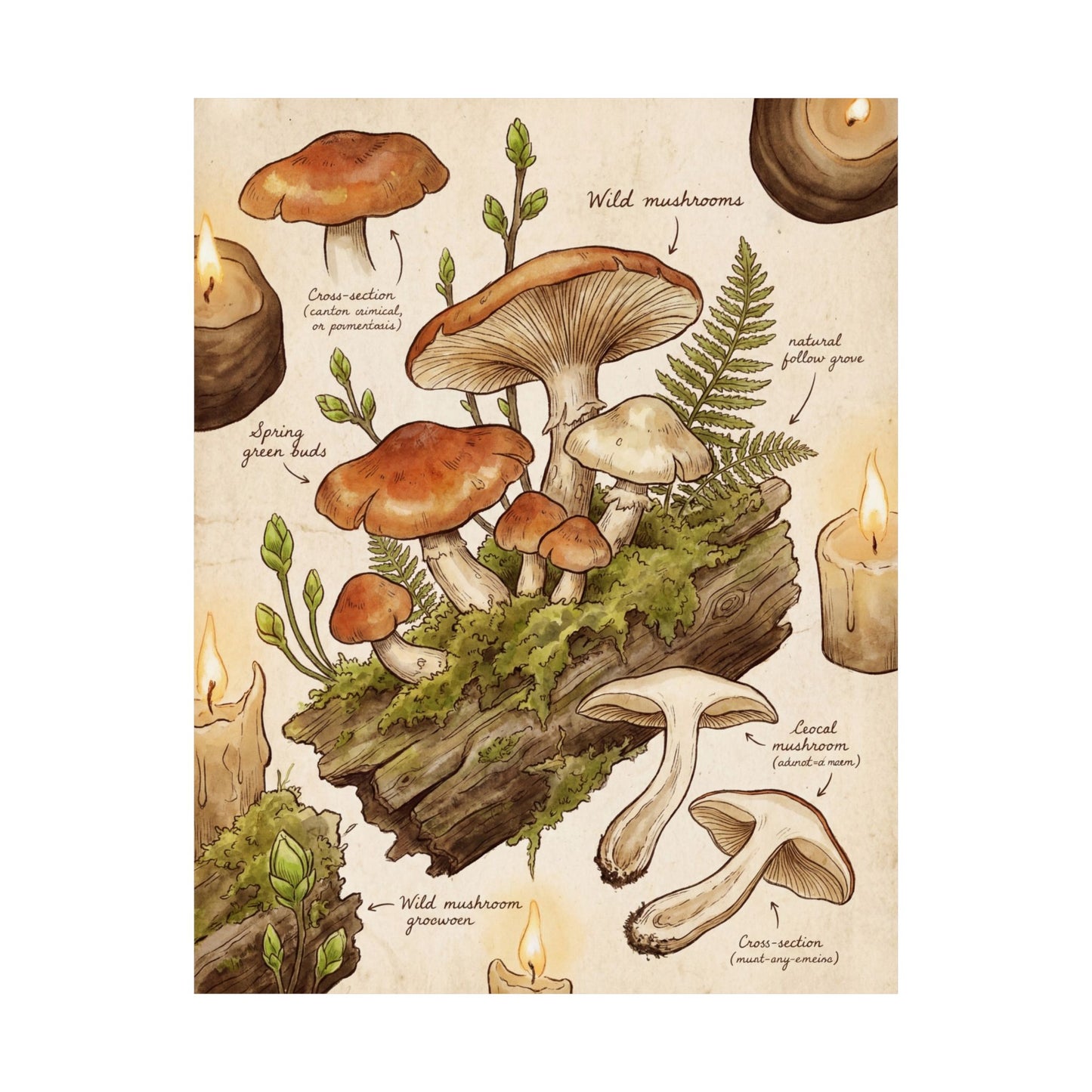 Spring Wild Mushrooms Forest Whimsy Wall Art Print | Rustic Decor