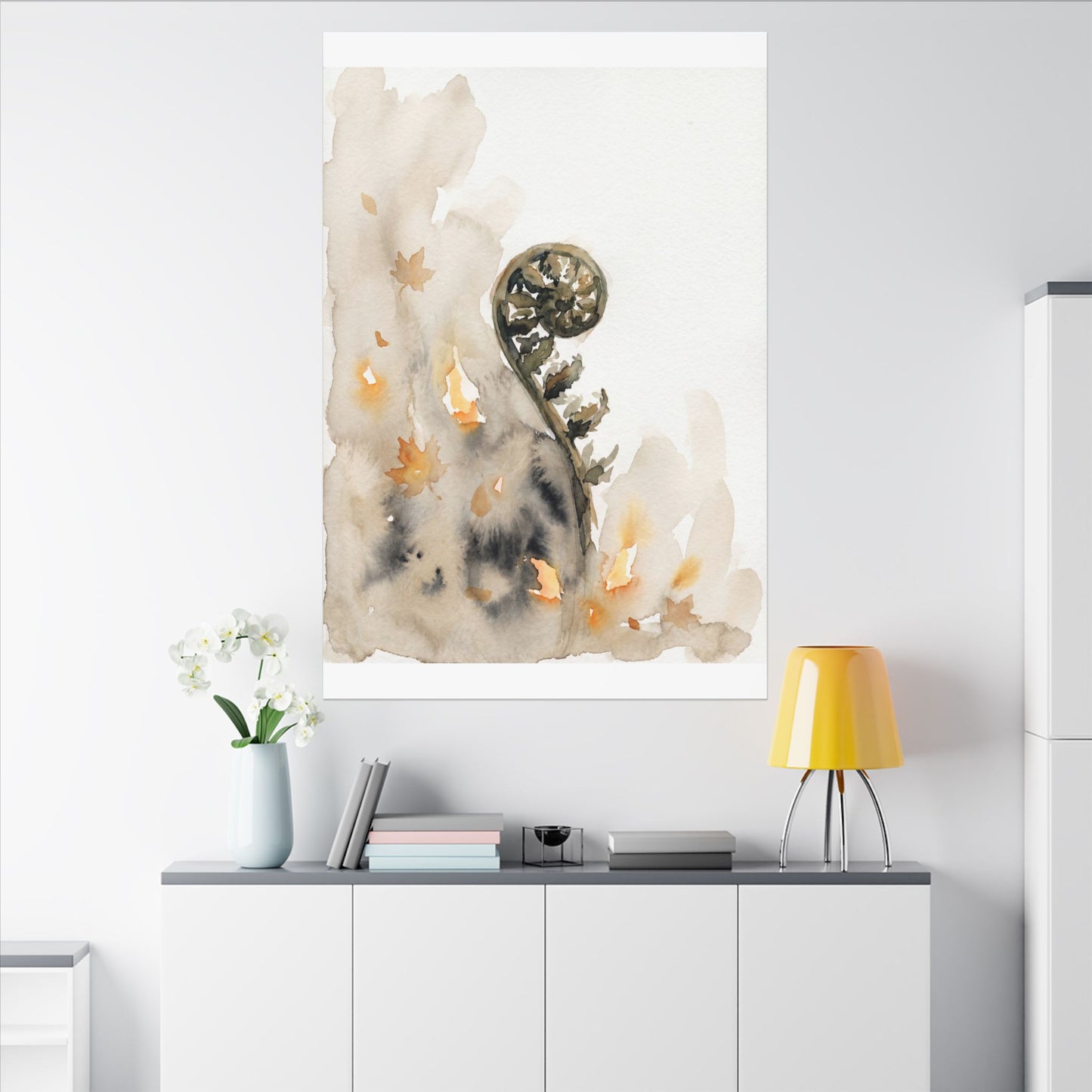 Fern Unfurling Watercolor Canvas Art | Earthy Japandi Art