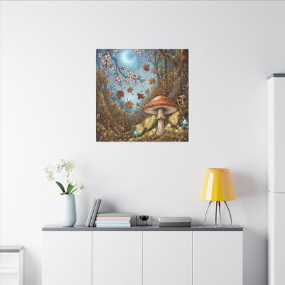 Autumn Cherry Blossom Mushroom Illustration Canvas Art | Enchanting Decor