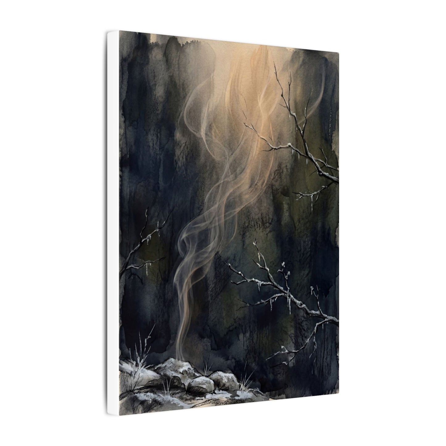 Incense Smoke Winter Canvas Art | Dark Japandi Moody Design