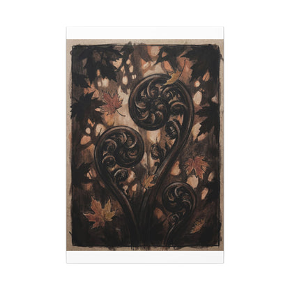 Mono No Aware Fern Unfurling Canvas Art - Dark Japandi Charcoal Ink