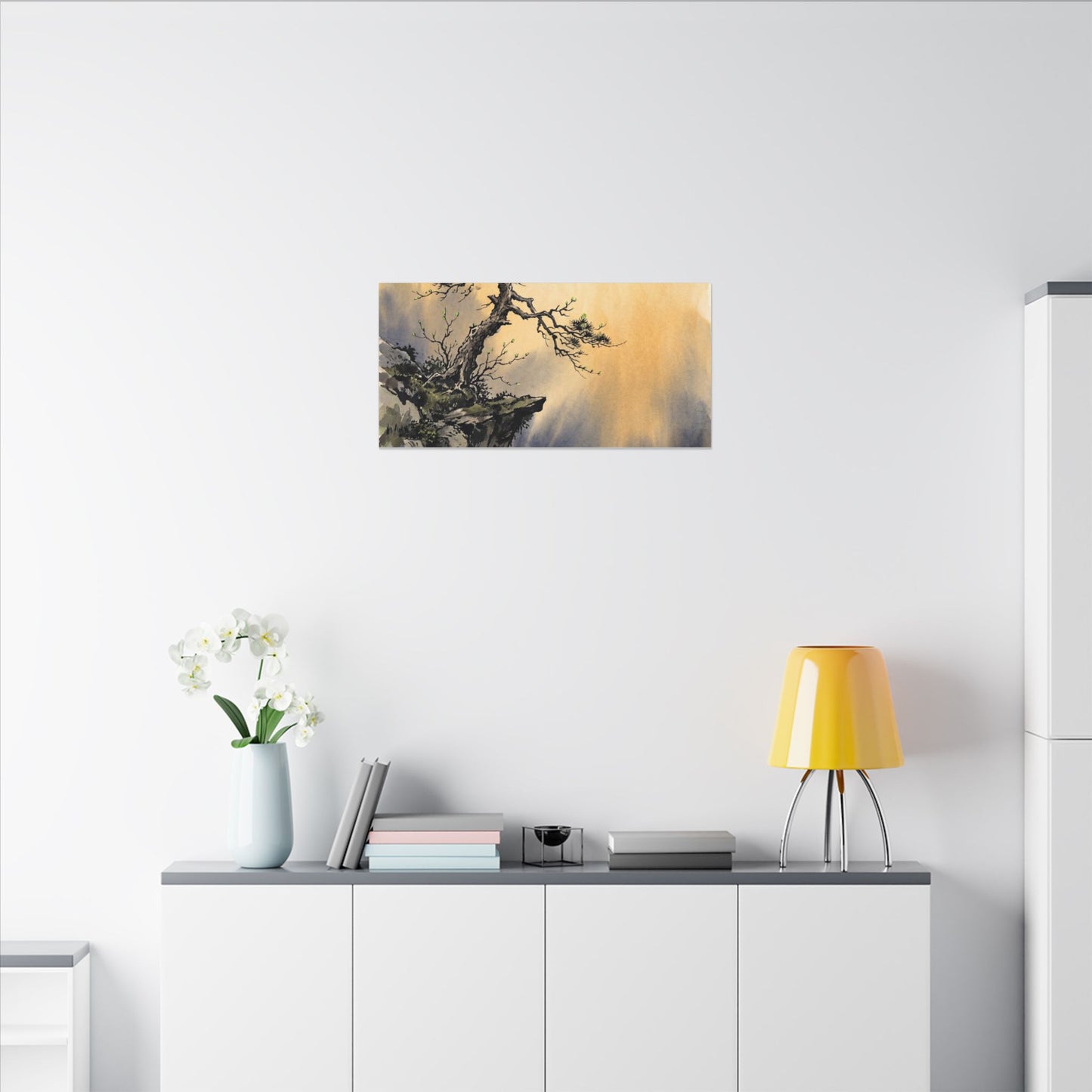 Zen Pine Tree in Golden Hour | Sumi E Canvas Art