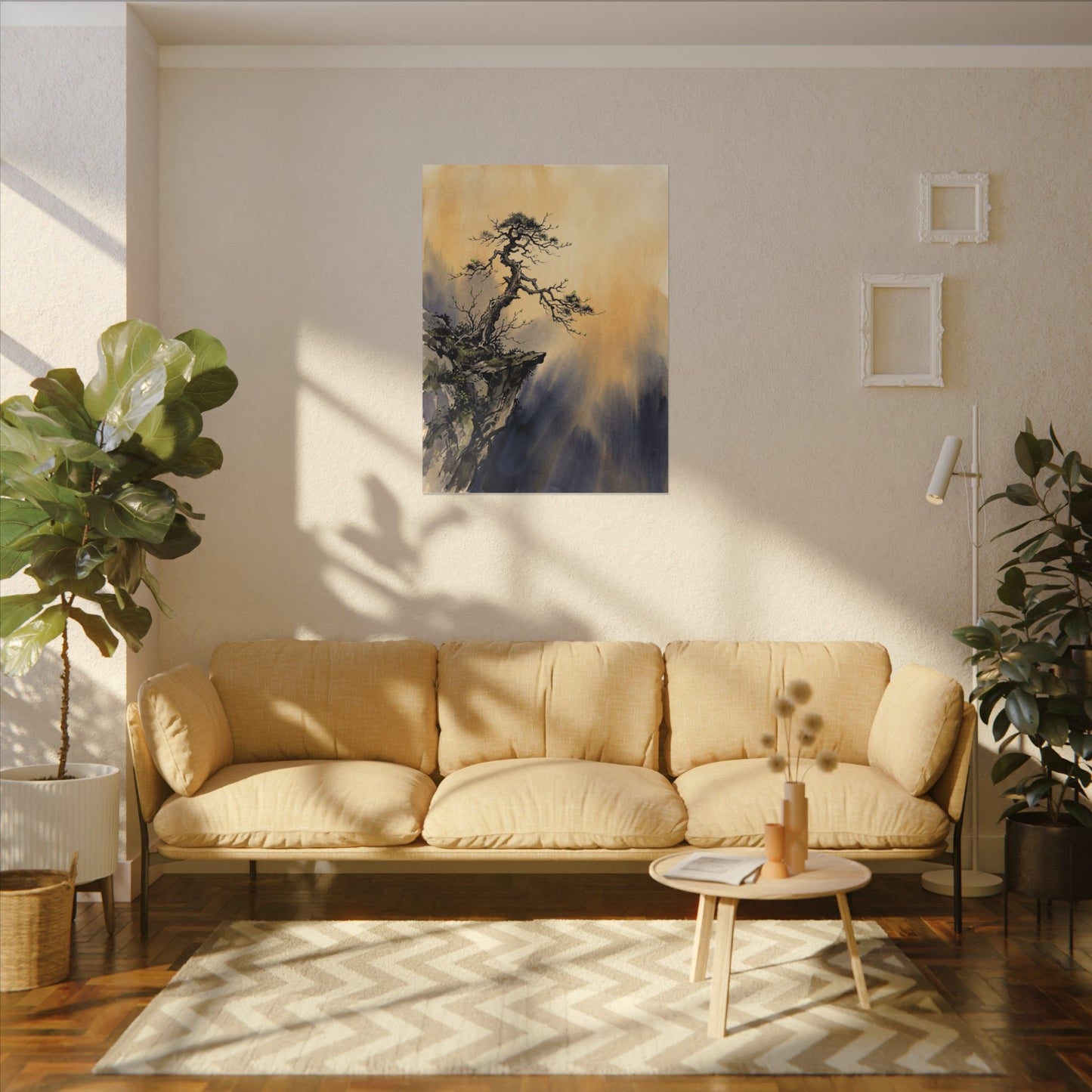 Zen Pine Tree in Golden Hour | Sumi E Canvas Art