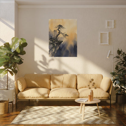 Zen Pine Tree in Golden Hour | Sumi E Canvas Art