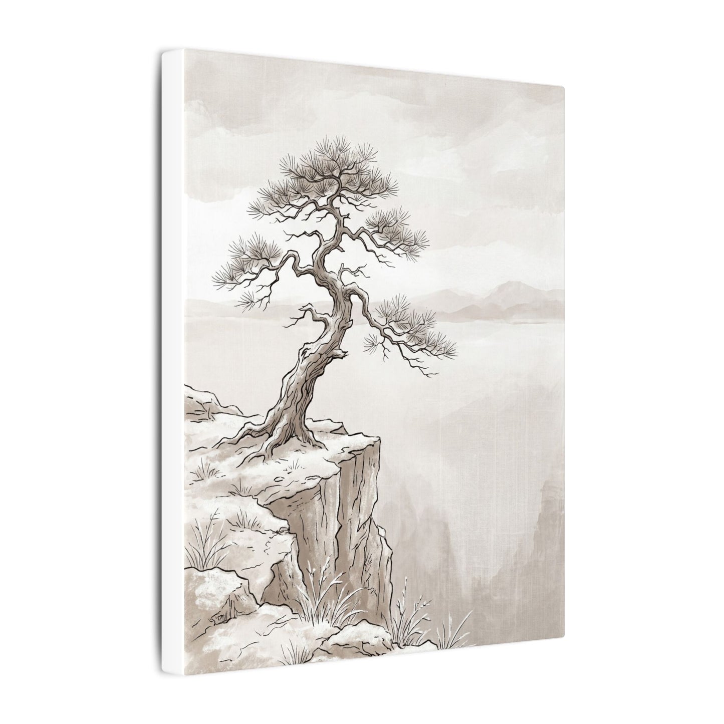 Neutral Pine Tree Canvas Art - Minimal Line Japandi