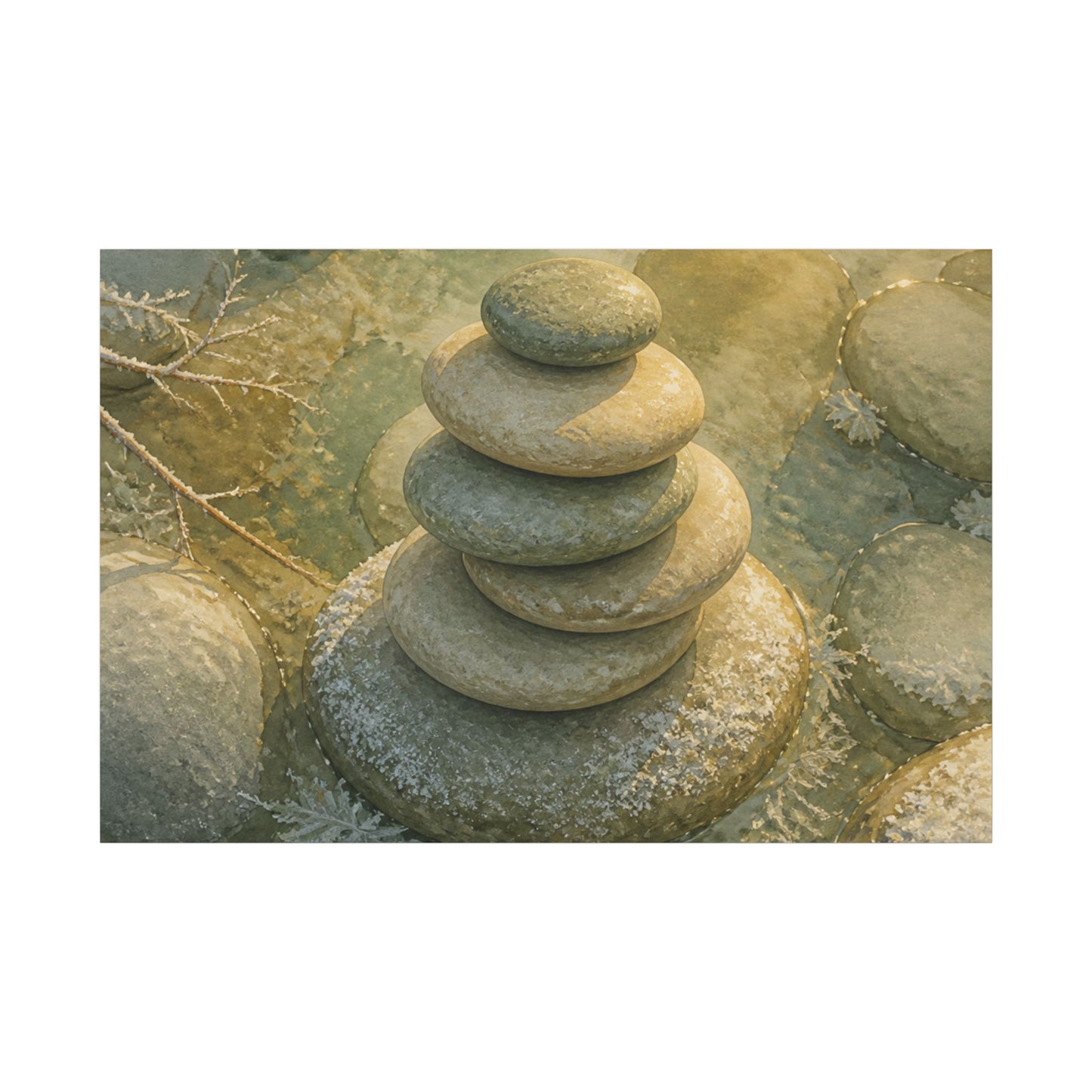 River Stones Watercolor Canvas Art | Elegant Japandi Art