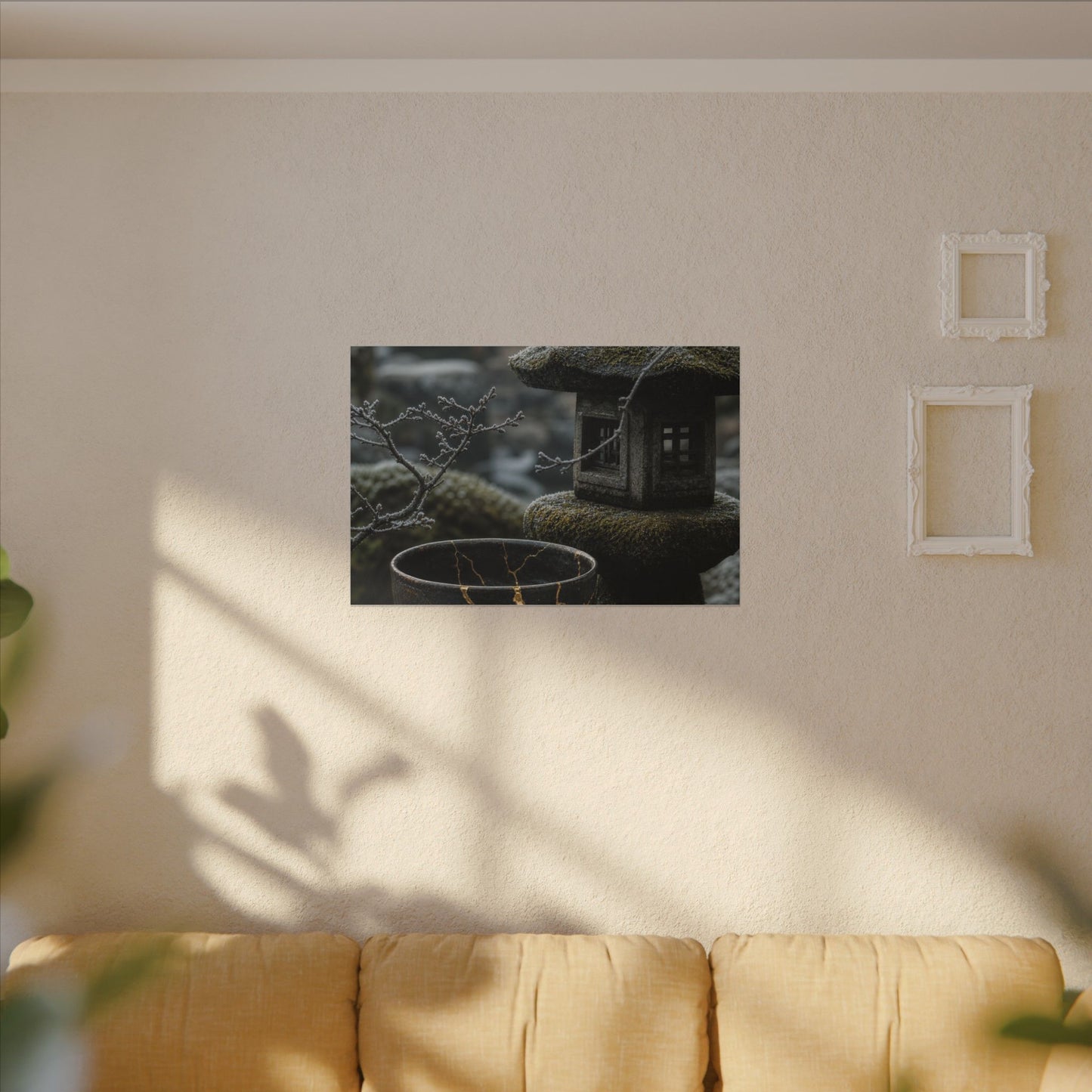 Stone Lantern Canvas Art | Winter Kintsugi Gold Repair Art