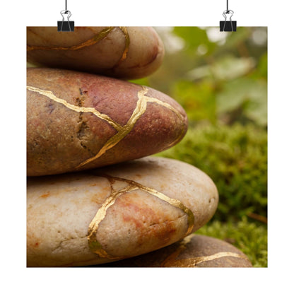 River Stones Wall Art Print | Summer Kintsugi Crackle Gold Art