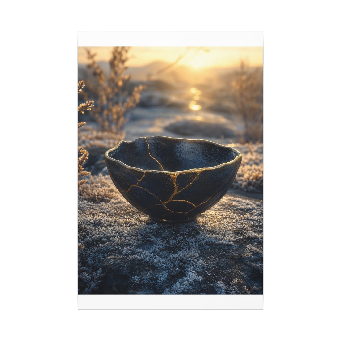 Ceramic Bowl Canvas Art | Winter Kintsugi Gold Repair Art