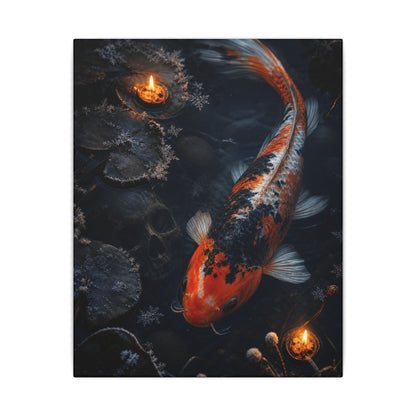 Koi Pond Canvas Art | Winter Dark Japandi Shadow Zen Art