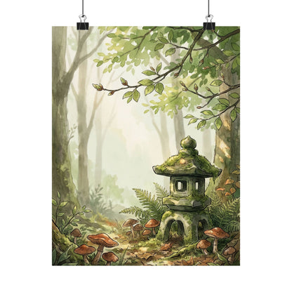 Spring Stone Lantern Mushroom Illustration Wall Art Print | Earthy Decor