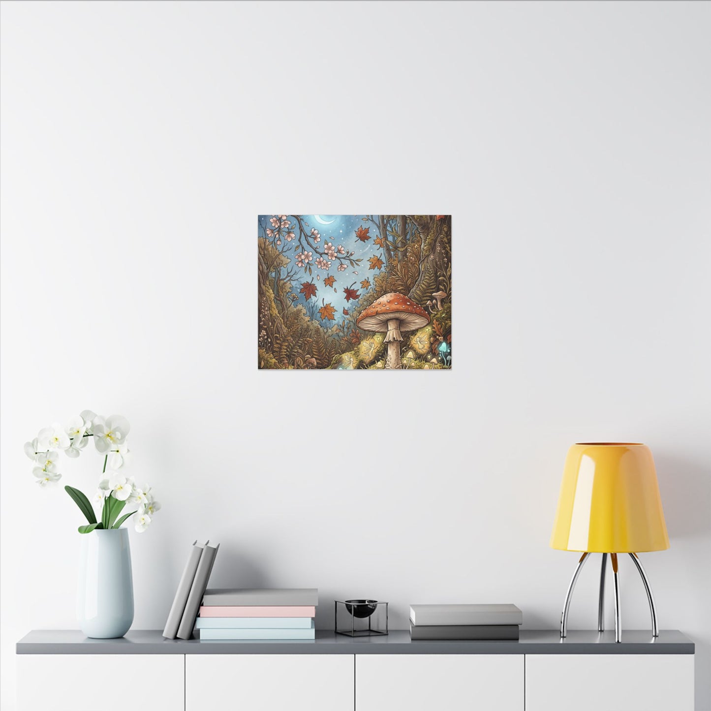 Autumn Cherry Blossom Mushroom Illustration Canvas Art | Enchanting Decor
