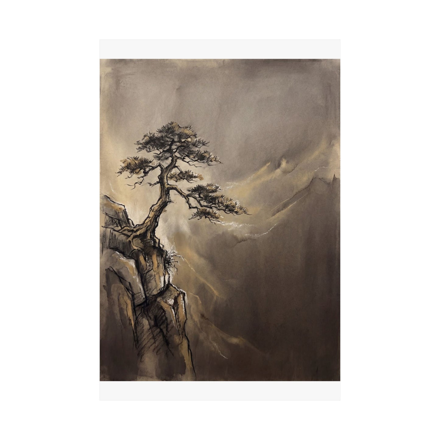 Golden Hour Pine Tree Wall Art Print - Dark Japandi Ma