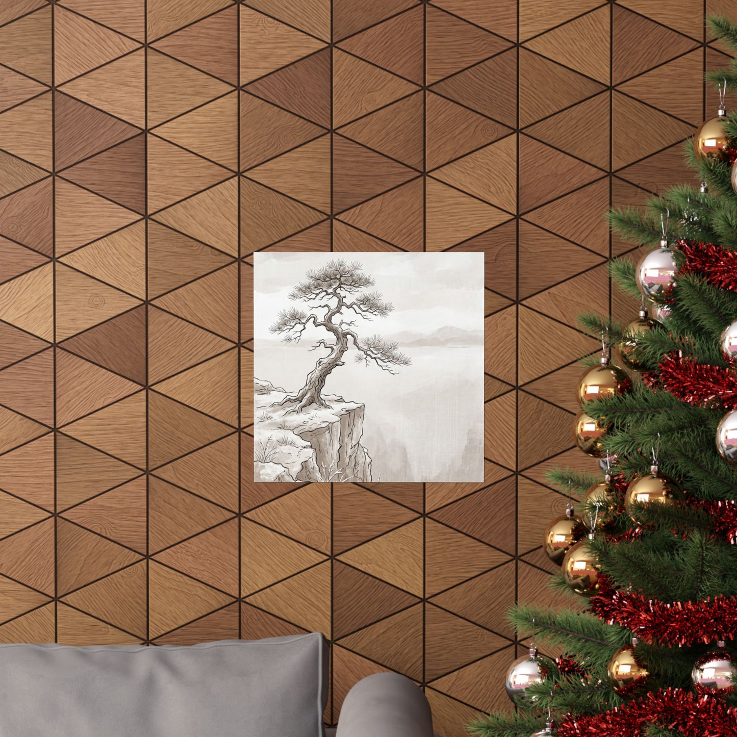 Japandi Pine Tree in Overcast | Minimal Line Wall Art Print