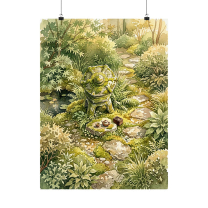 Japandi Stone Lantern in Golden Hour | Watercolor Wall Art Print