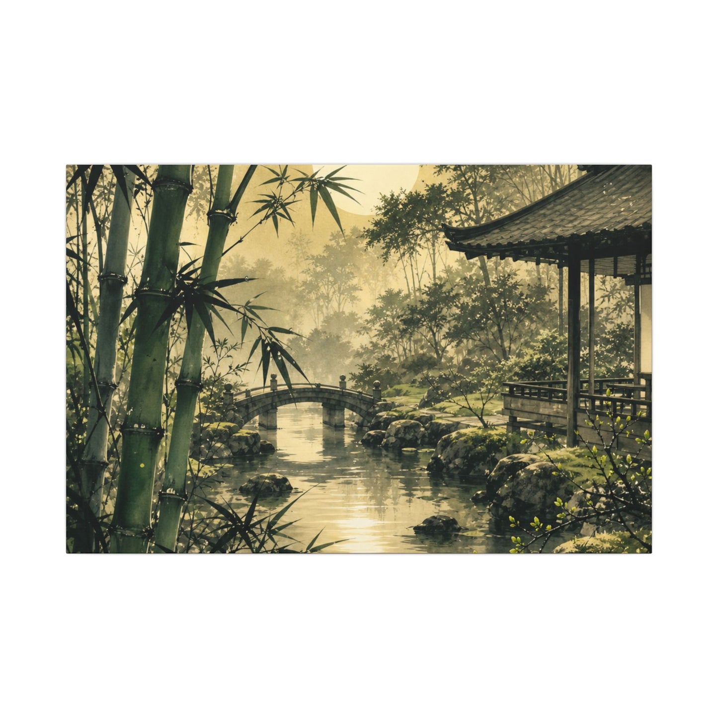 Moonlit Garden Sumi E Canvas Art | Calm Zen Art