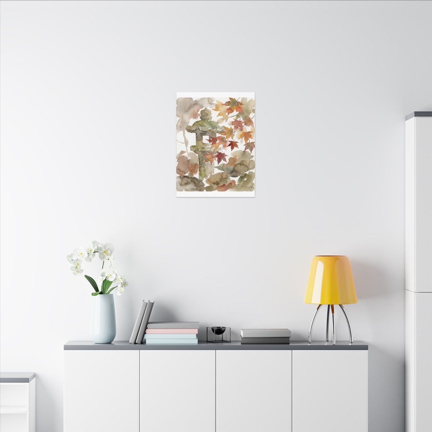 Stone Lantern Watercolor Canvas Art | Earthy Japandi Art