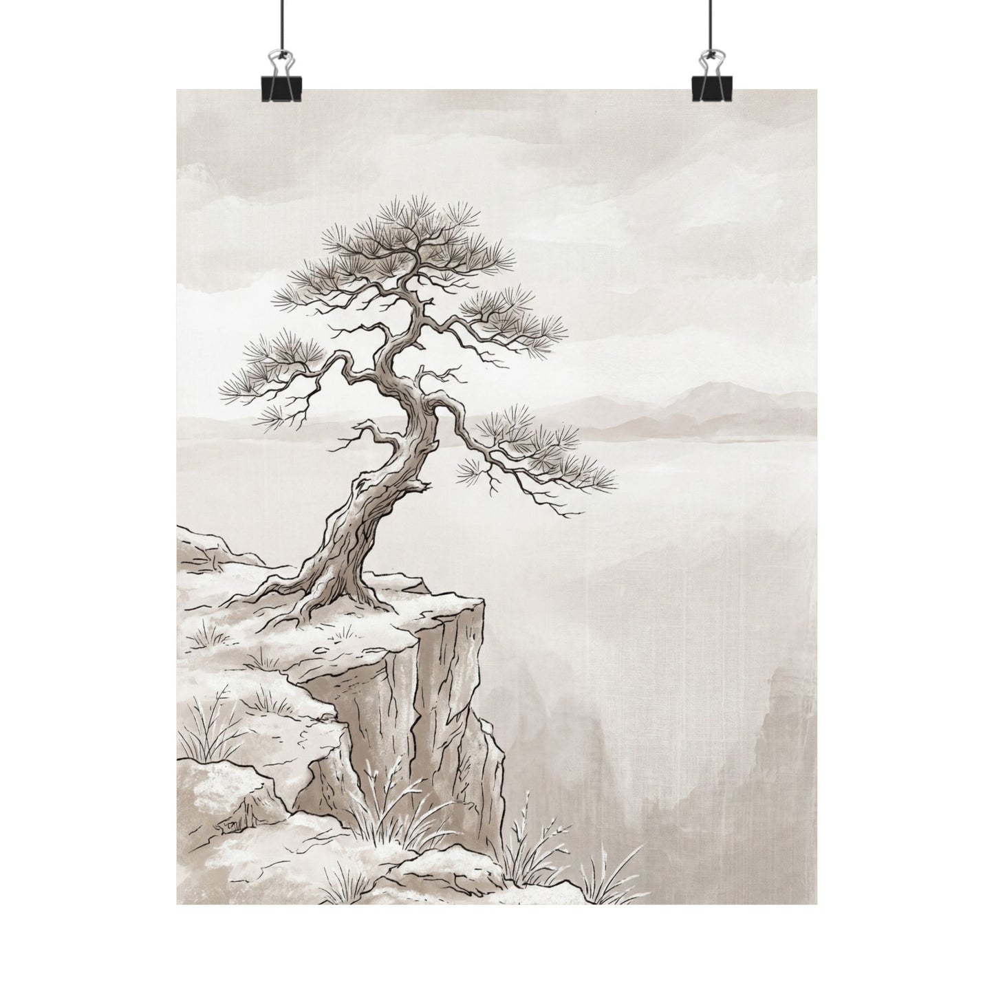 Japandi Pine Tree in Overcast | Minimal Line Wall Art Print
