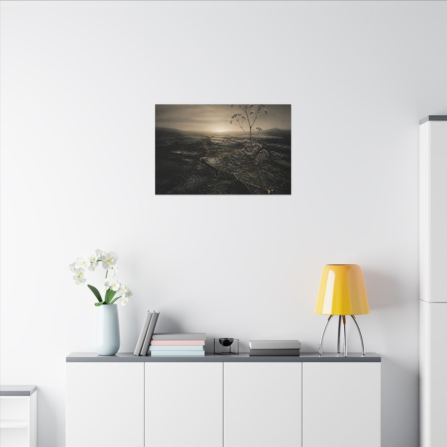 Dawn Cracked Earth Canvas Art - Dark Japandi Mono No Aware