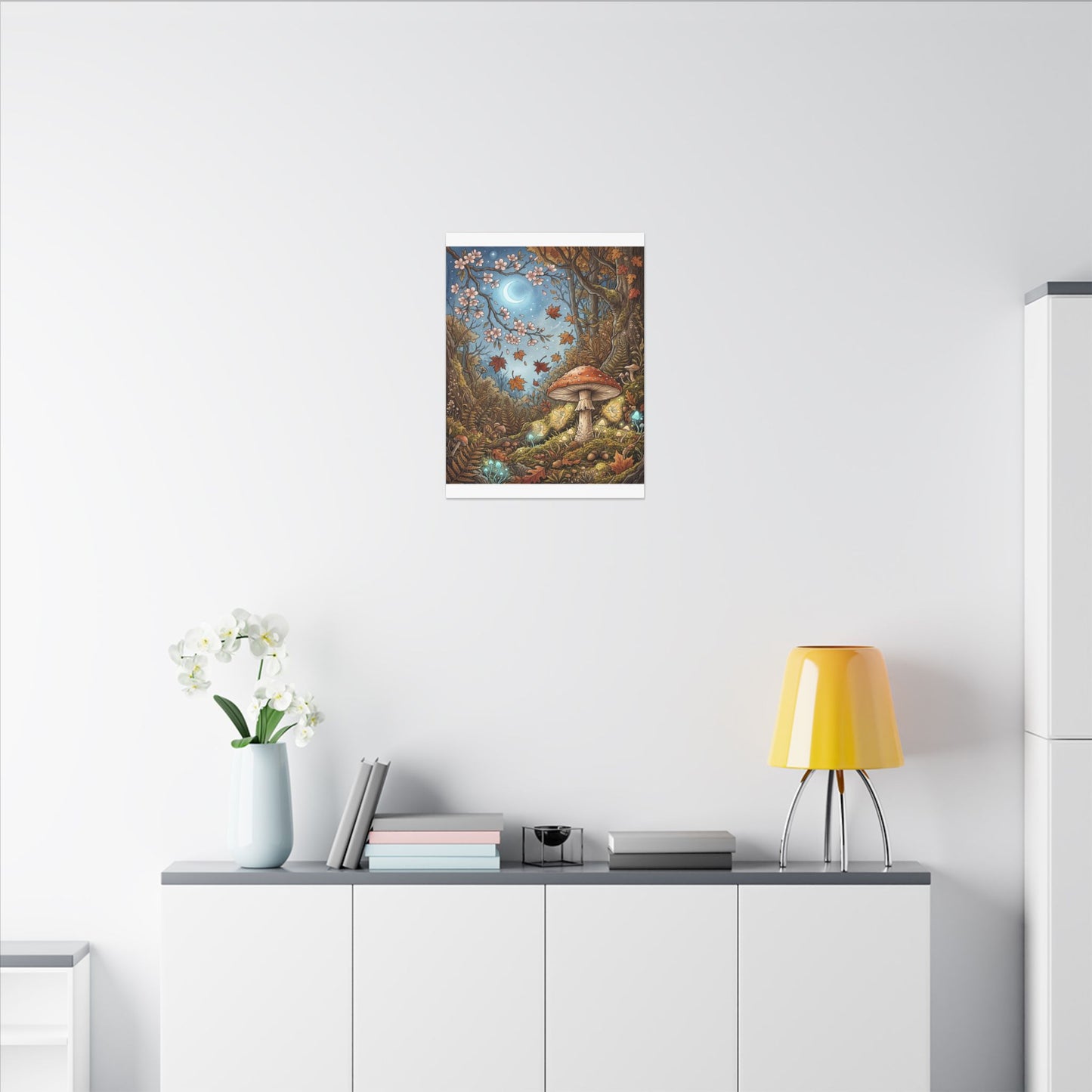 Autumn Cherry Blossom Mushroom Illustration Canvas Art | Enchanting Decor