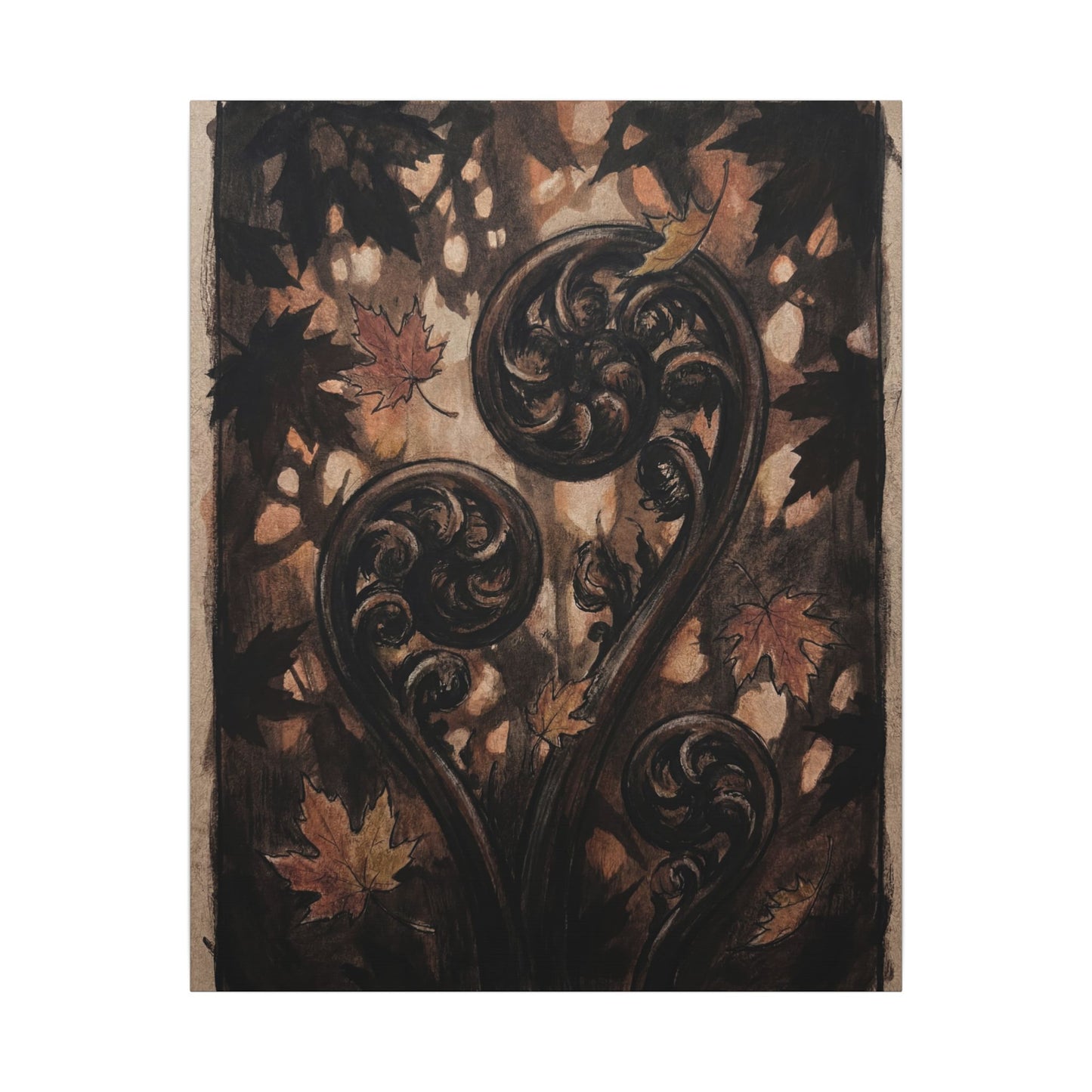 Mono No Aware Fern Unfurling Canvas Art - Dark Japandi Charcoal Ink
