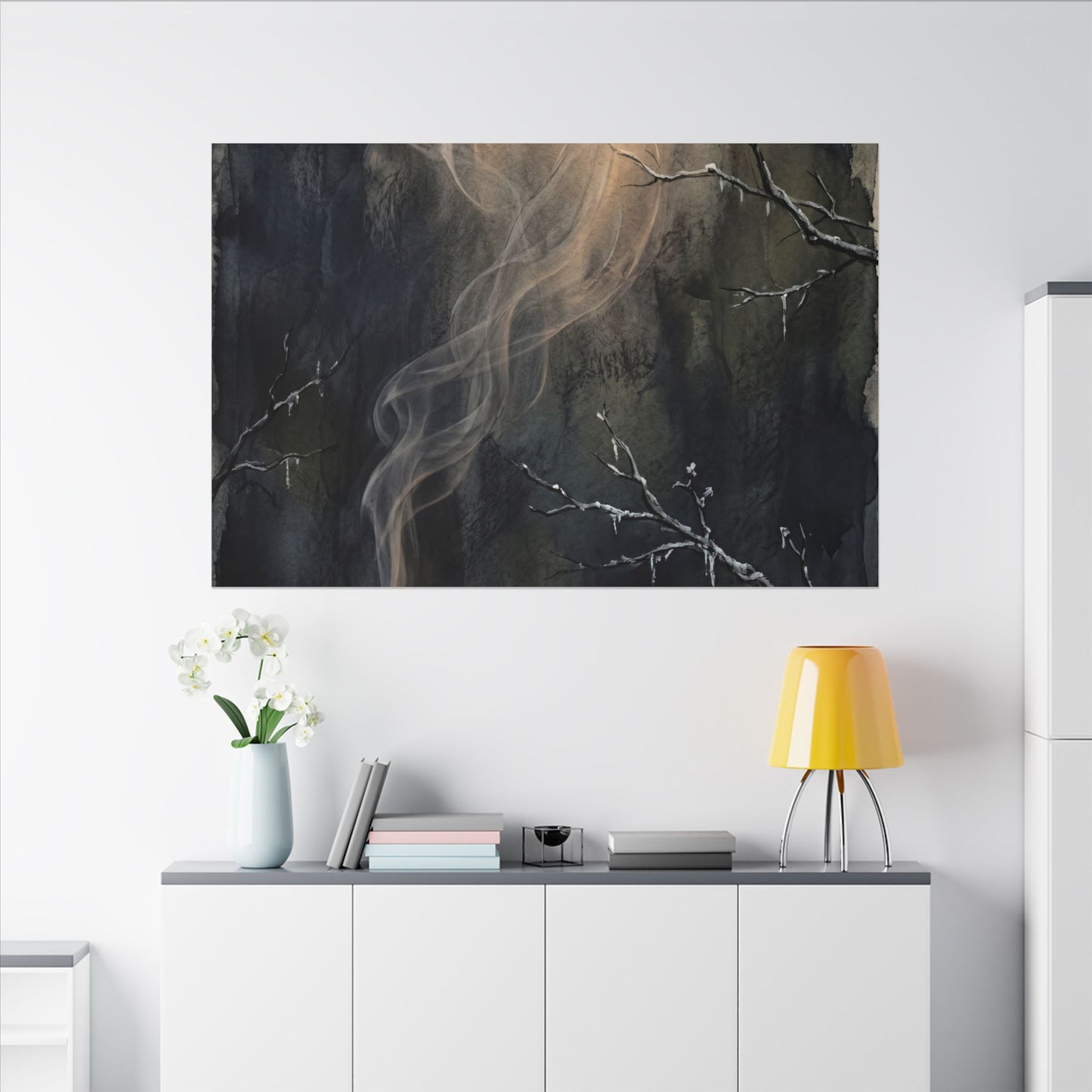 Incense Smoke Winter Canvas Art | Dark Japandi Moody Design