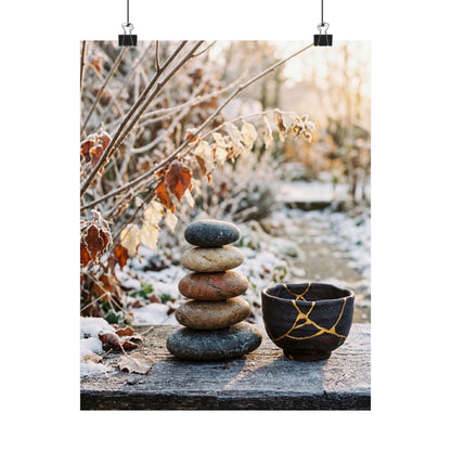 Winter River Stones Gold Repair Wall Art Print | Healing Decor