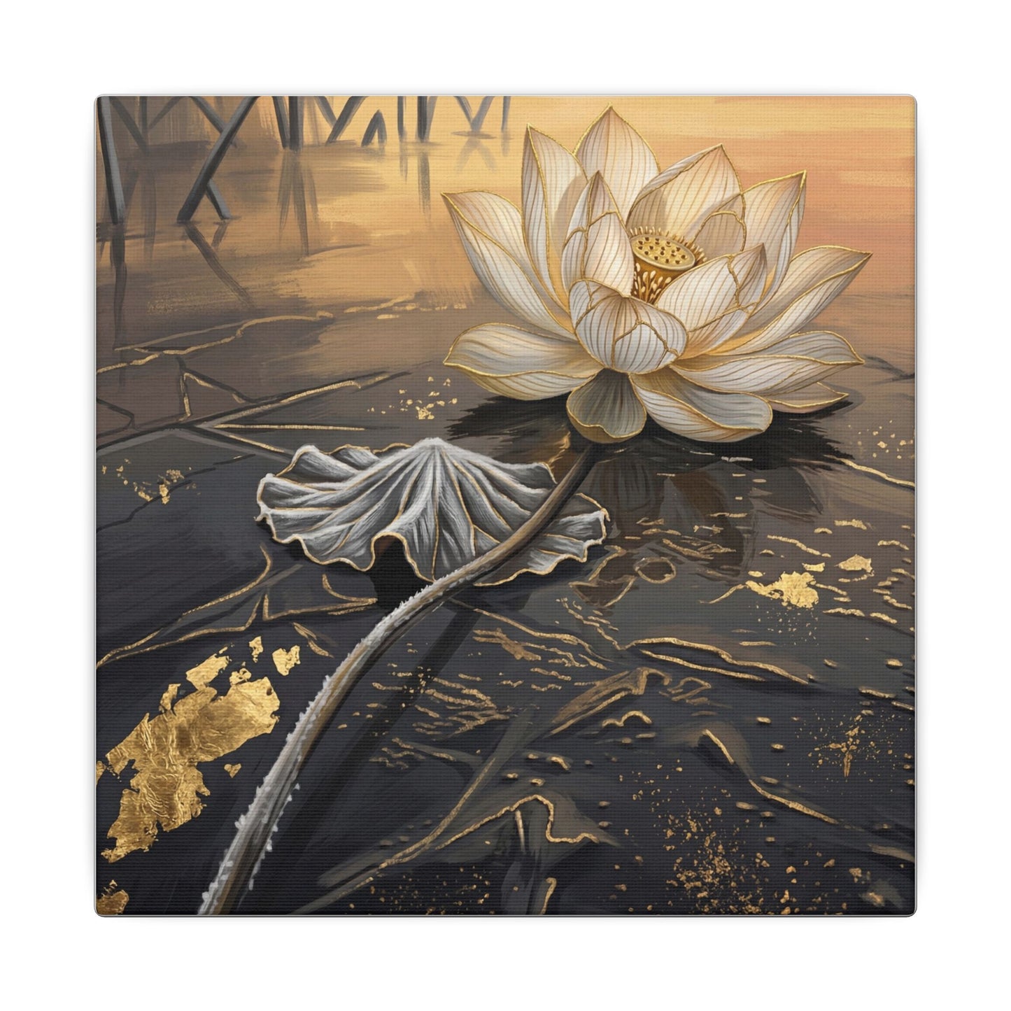 Kintsugi Lotus Flower in Golden Hour | Gold Vein Canvas Art