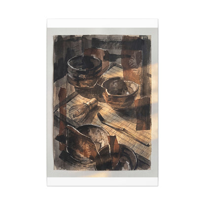 Tea Ceremony Charcoal Ink Canvas Art | Luxurious Dark Japandi Art