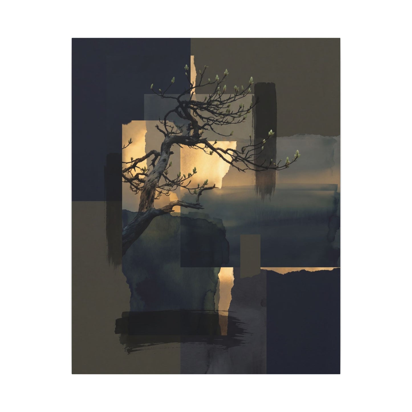 Golden Hour Pine Tree Canvas Art - Dark Japandi Kanso