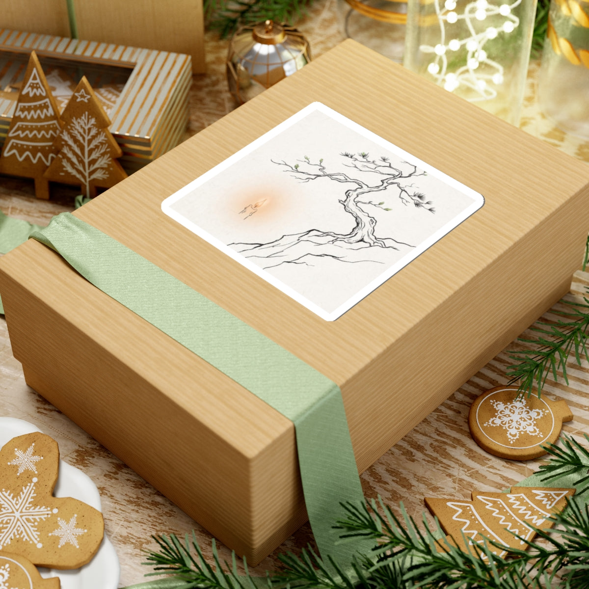 Japandi Pine Tree in Candlelight | Minimal Line Sticker Art Print