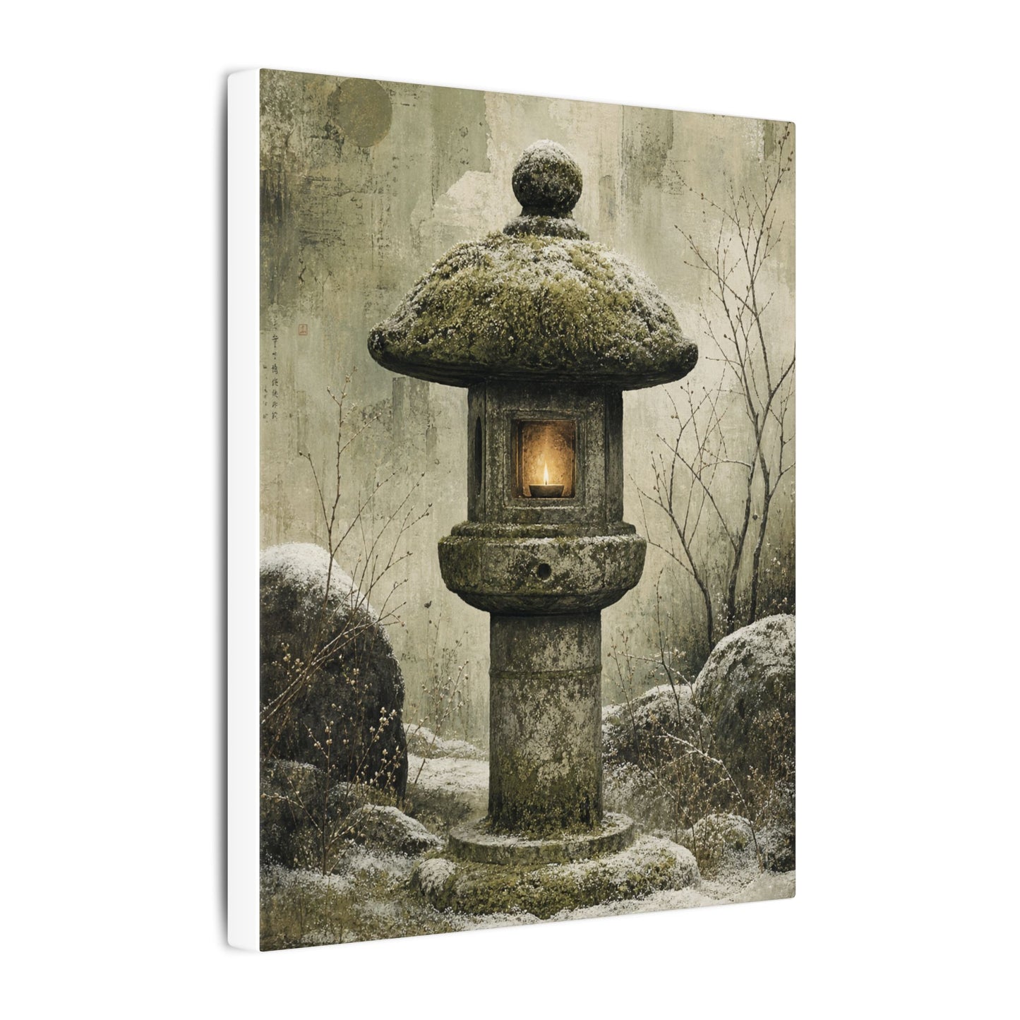 Stone Lantern Winter Canvas Art | Japandi Neutral Design