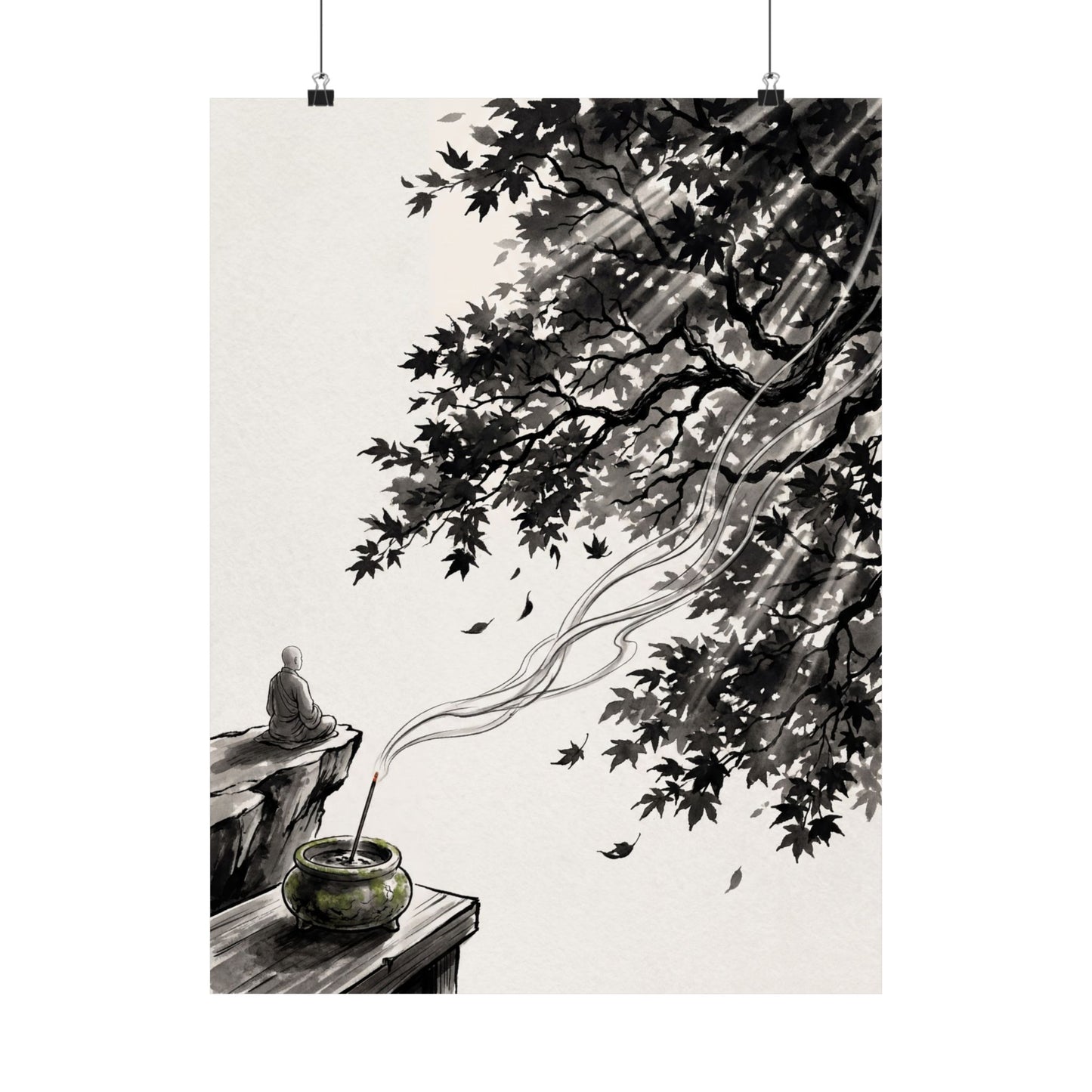 Contemplative Incense Smoke Wall Art Print - Ukiyo E Inspired Zen Art Print