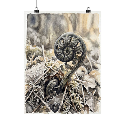 Japandi Fern Unfurling in Golden Hour | Watercolor Wall Art Print