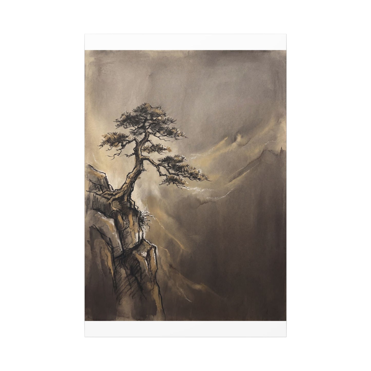 Pine Tree Charcoal Ink Canvas Art | Luxurious Dark Japandi Art