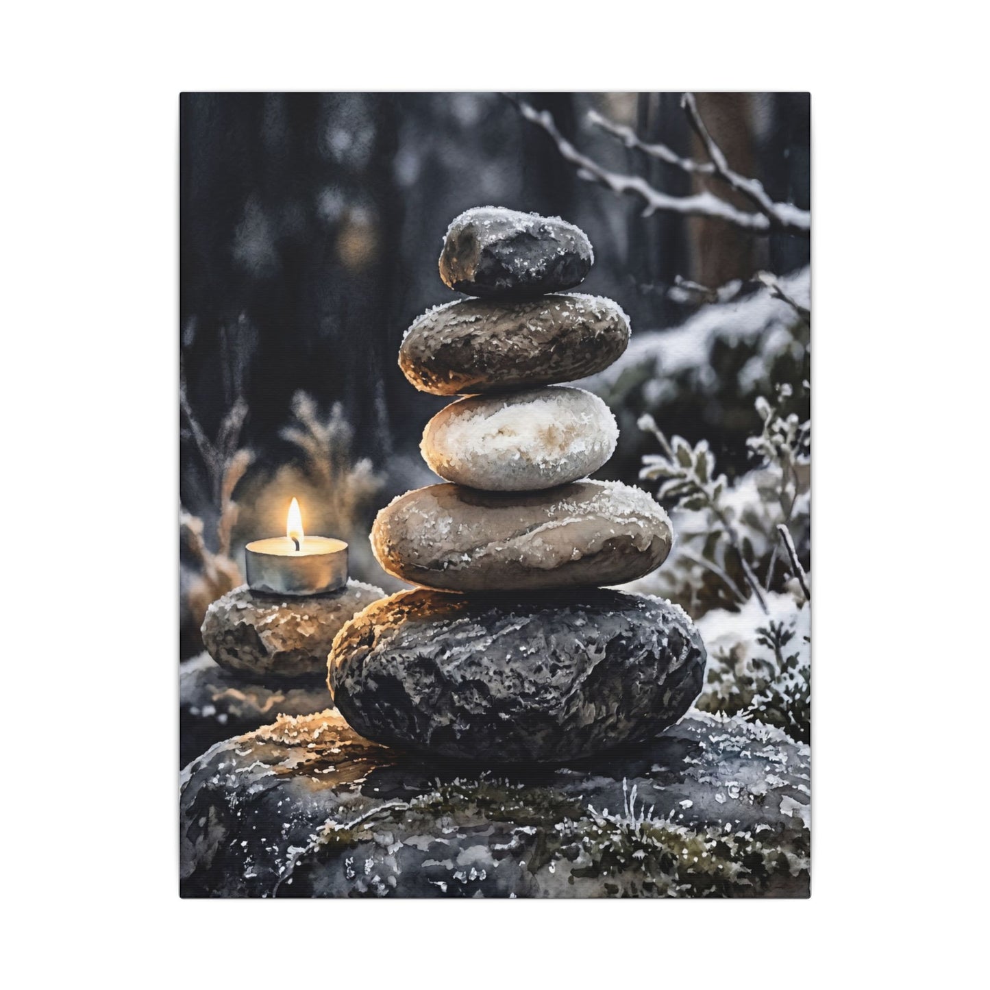 River Stones Canvas Art | Winter Japandi Watercolor Art