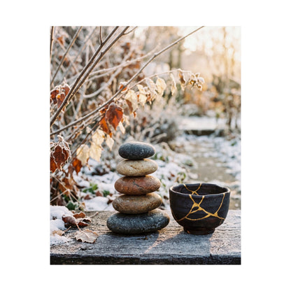 Winter River Stones Gold Repair Wall Art Print | Healing Decor