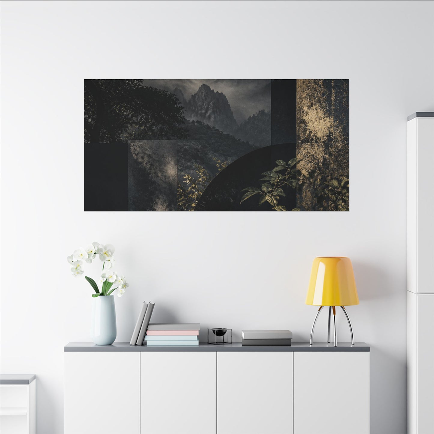 Mountain Mist Summer Canvas Art | Dark Japandi Atmospheric Design