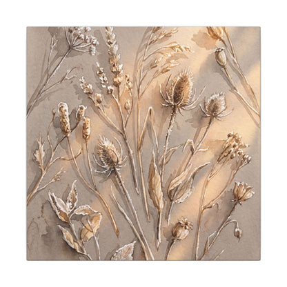 Japandi Dried Flowers in Golden Hour | Watercolor Canvas Art