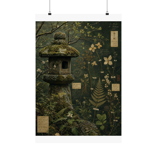 Stone Lantern Wall Art Print | Spring Cottagecore Herbarium Art