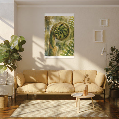 Japandi Fern Unfurling in Dappled | Watercolor Canvas Art
