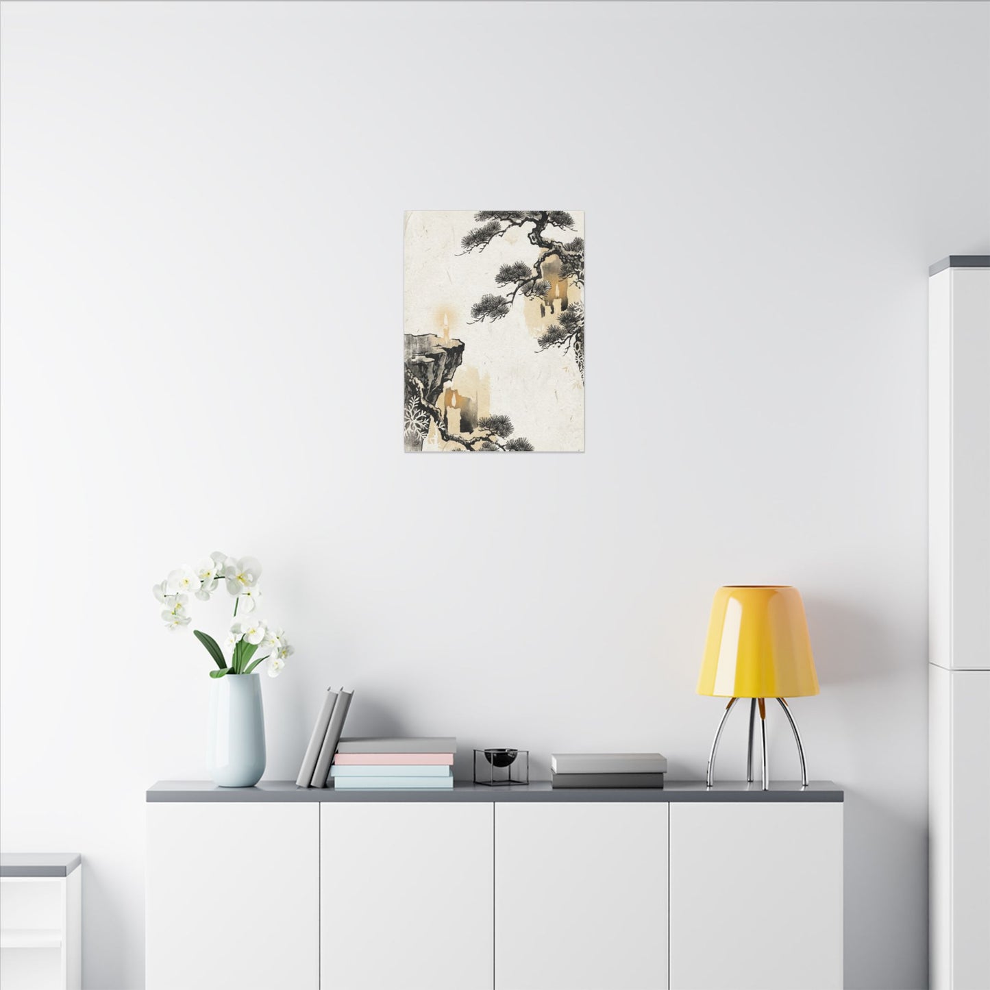 Japandi Pine Tree in Candlelight | Japanese Pattern Canvas Art