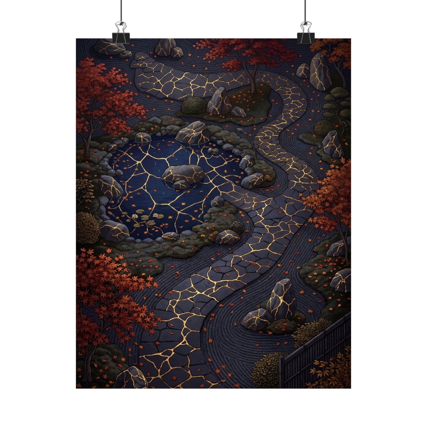 Moonlit Garden Wall Art Print | Autumn Kintsugi Gold Vein Art