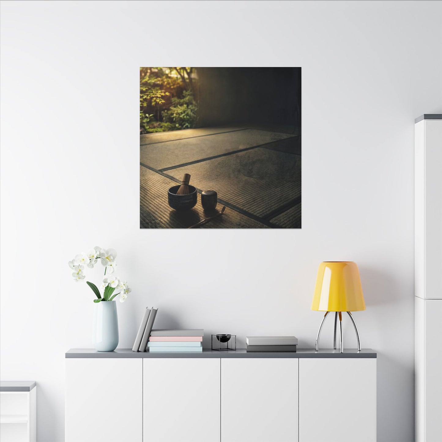 Dark Japandi Tea Ceremony in Golden Hour | Dark Texture Canvas Art