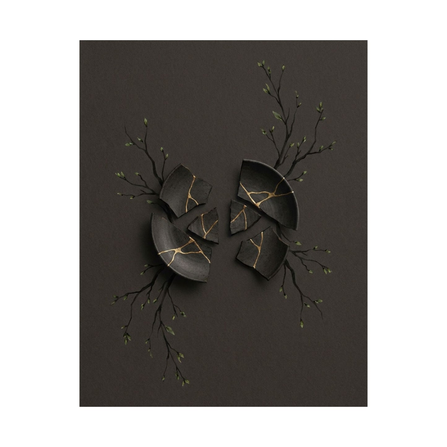 Dark Japandi Broken Pottery in Overcast | Charcoal Ink Wall Art Print