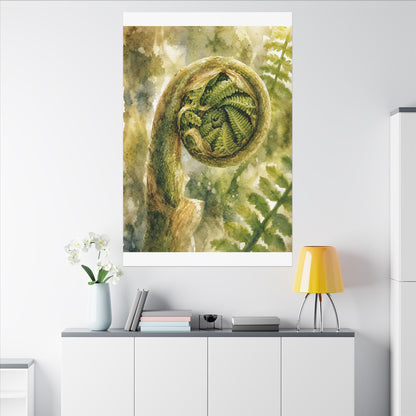 Japandi Fern Unfurling in Dappled | Watercolor Canvas Art