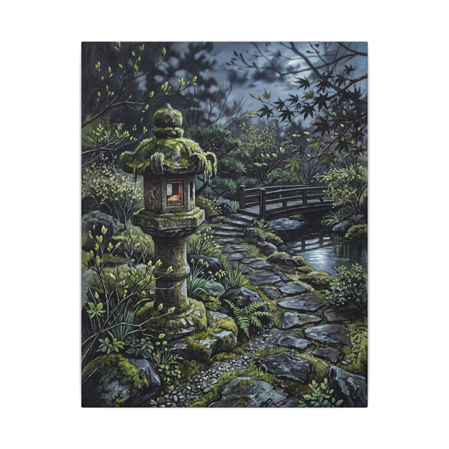 Japandi Stone Lantern in Moonlight | Texture Canvas Art