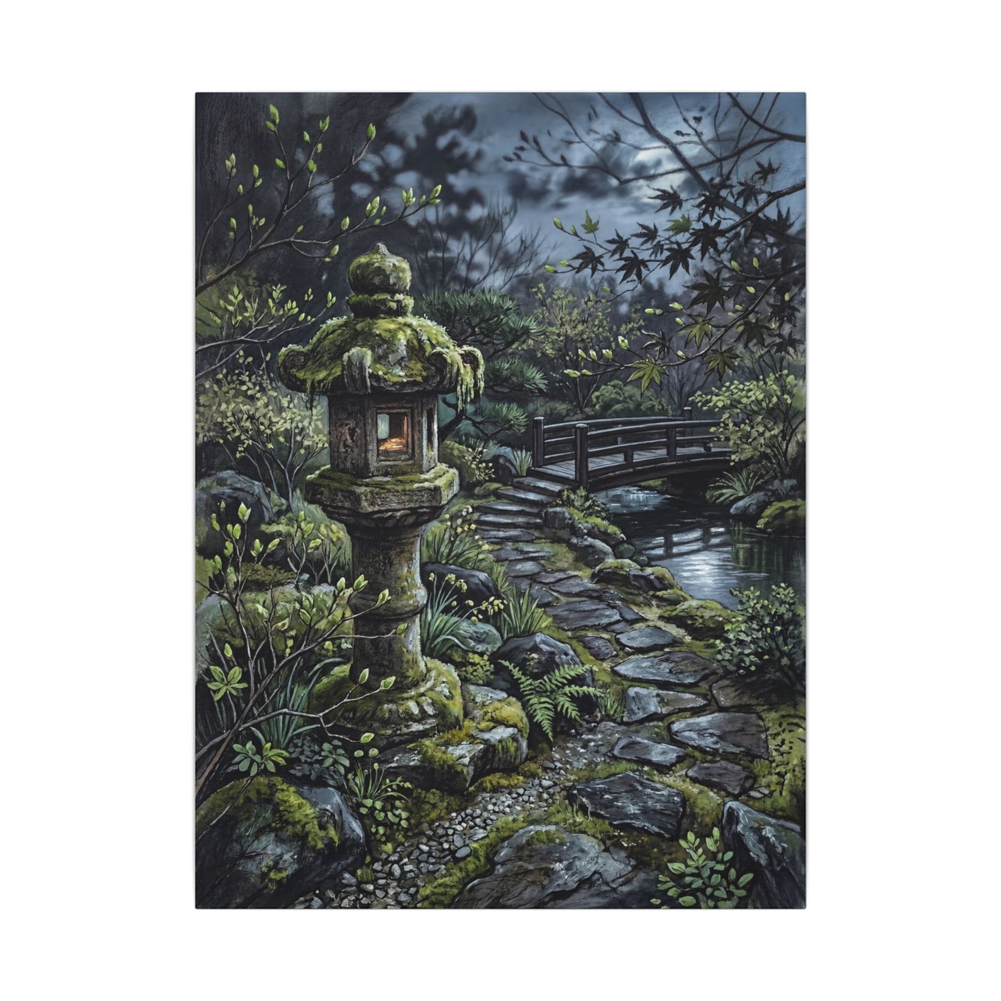 Japandi Stone Lantern in Moonlight | Texture Canvas Art