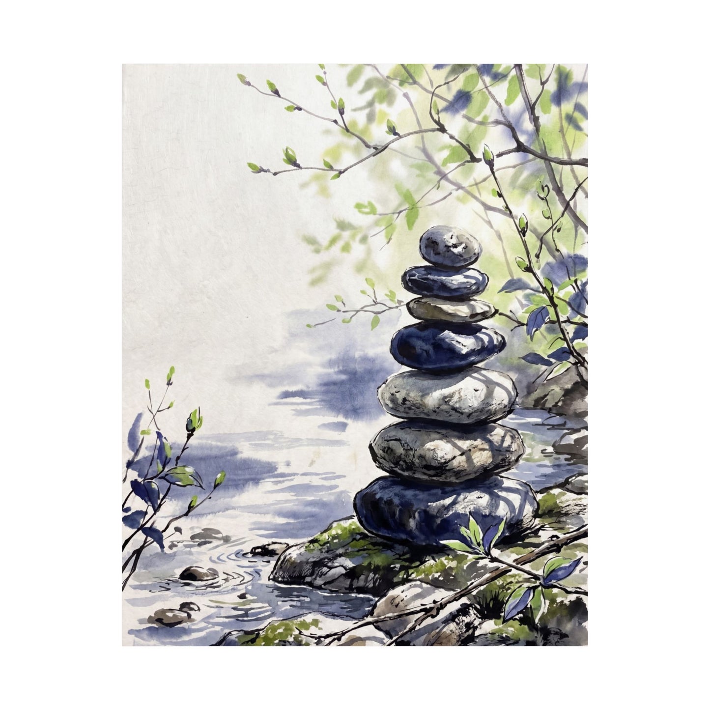 Zen River Stones in Dappled | Sumi E Wall Art Print